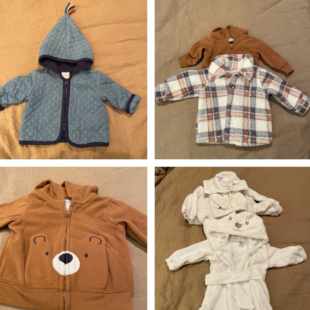 Bundle of 6 baby clothing items: jacket + sweatshirts + robes 0-3 months